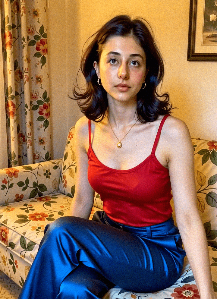 Emma-Jane MacKinnon-Lee, wearing a red silk top in a floral room