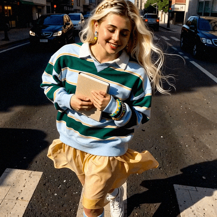 Emma-Jane MacKinnon-Lee walking the streets with her fashion sketches