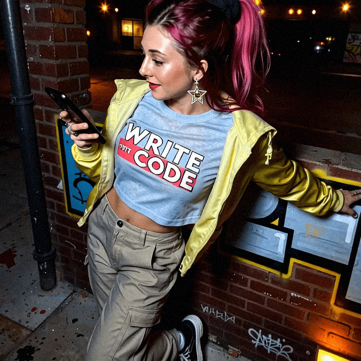 Emma-Jane MacKinnon-Lee, wearing her write code graphic tee
